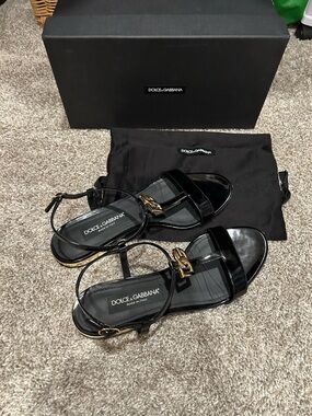 Dolce & Gabbana Black Patent Leather Gold-Accent Ankle-Strap Sandals Size 39.5